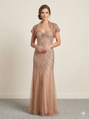 Montage by Mon Cheri Champagne Mermaid Cut Beaded Gown